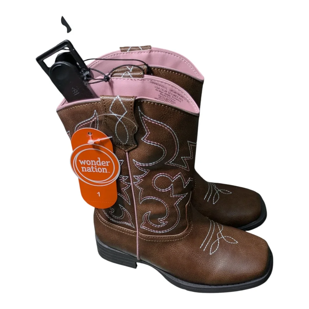 Wonder Nation -Girls Youth Size 1-Western Style Boots - Pink/Blue Stitching NWT